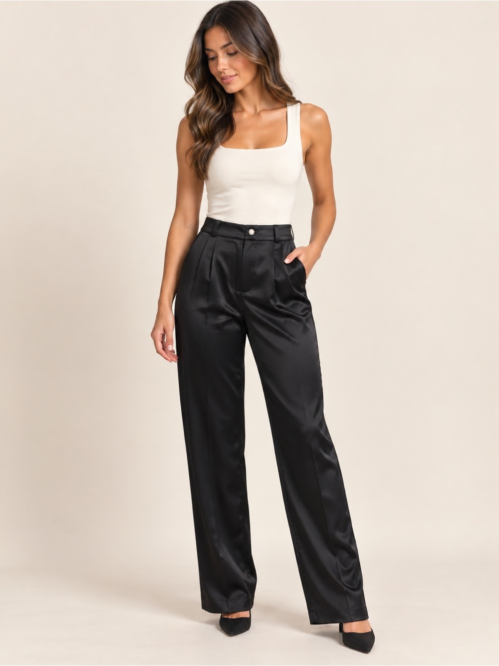 Monteau Los Angeles Black Satin Straight Leg Pants Large NWT